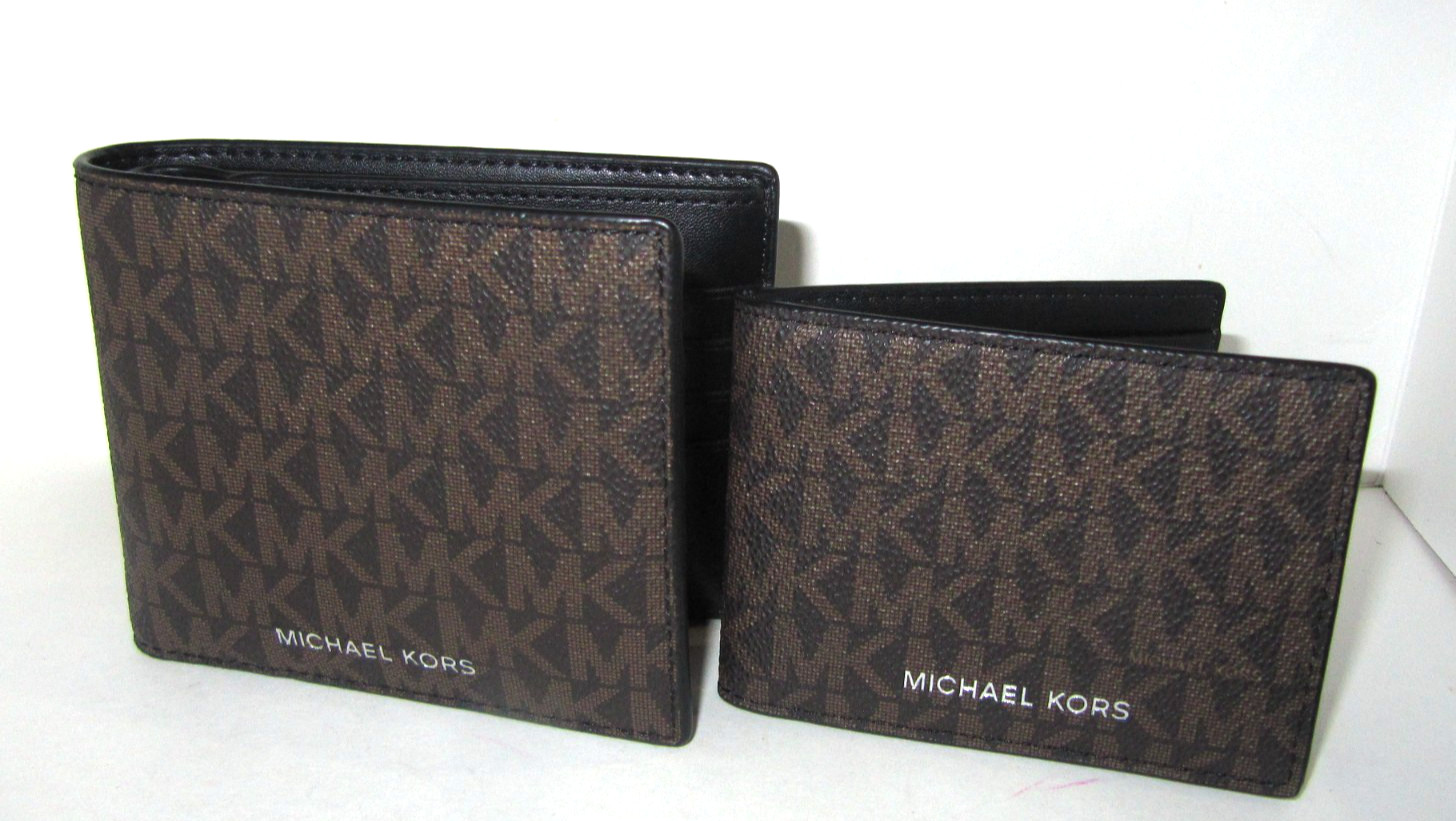 Michael Kors Cooper Brown Logo Men's 2 Piece Billfold Pass case Wallet NWT$198