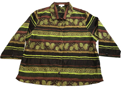 Erin London Womens Blouse Sz  1X Green Brown Paisley Button-Up 3/4 Sleeve