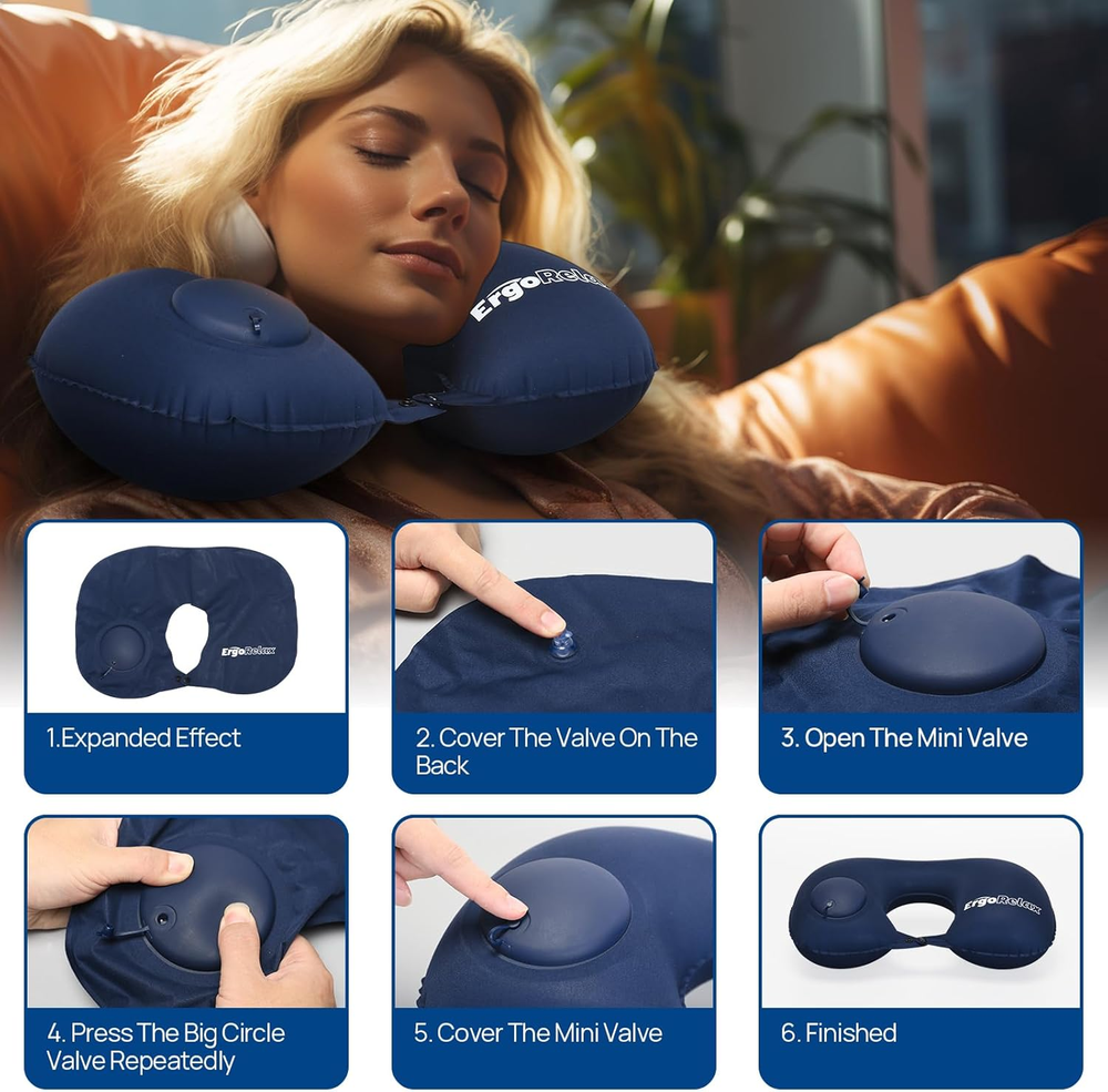 Inflatable U-Shaped Neck Pillow for Travel Planes Cars Portable Blow Up Support