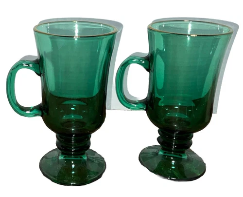 Libbey Emerald Green w/ Gold Rim Clear Glass Irish Coffee Footed Cup Mug Pair