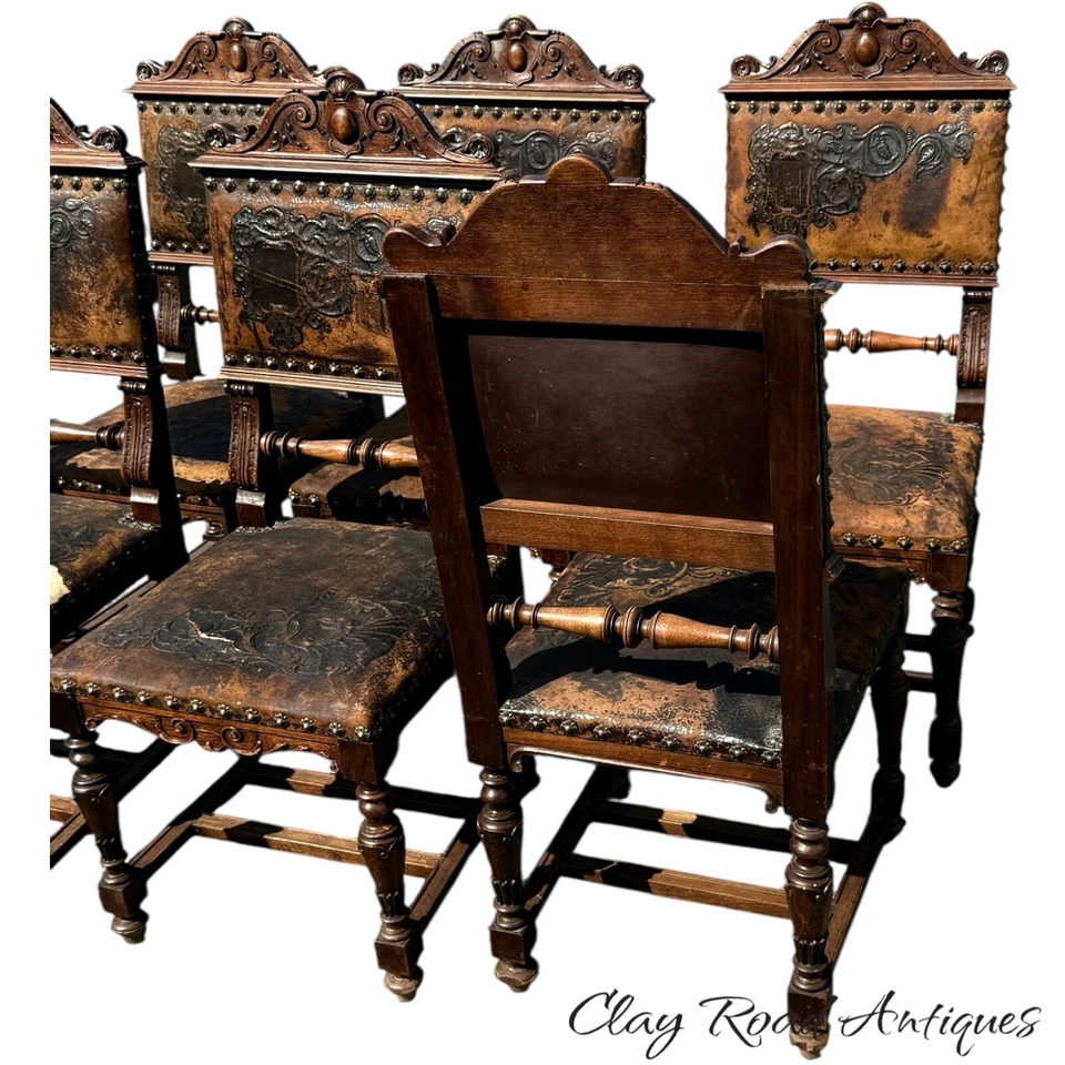 Antique Heavily carved victorian  renaissance 6 castle  chairs leather 1880 - Image 3 of 4
