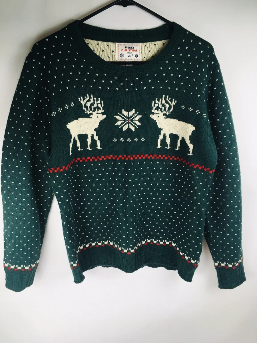 Merry Christmas V28 Green Sweater Size Large Reindeer Snowflake