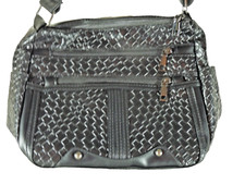 Black Soft Faux Leather Weaved Crossbody Shoulder Bag Purse Multi Compartment
