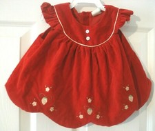 Vintage Infant Red Velvet Dress Scalloped Bottom Embroidered Strawberries 6-9 M
