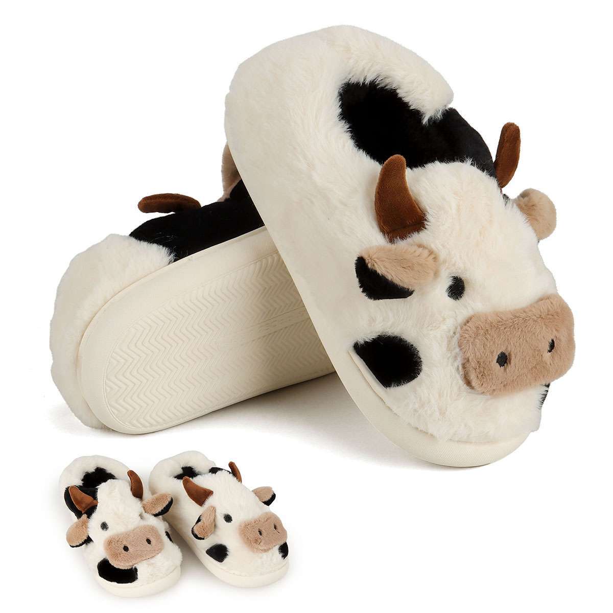Women Men Fuzzy Cow Slippers Winter Novelty Indoor Home Animal Slippers