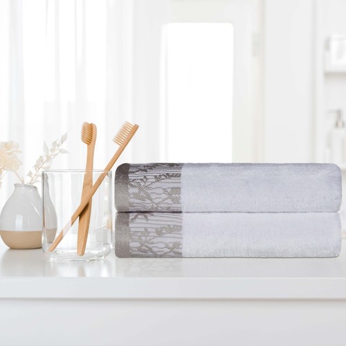 Wisteria Cotton Bath Towel Set with Floral Embroidered Jacquard Border Set of 2 - Picture 64 of 86