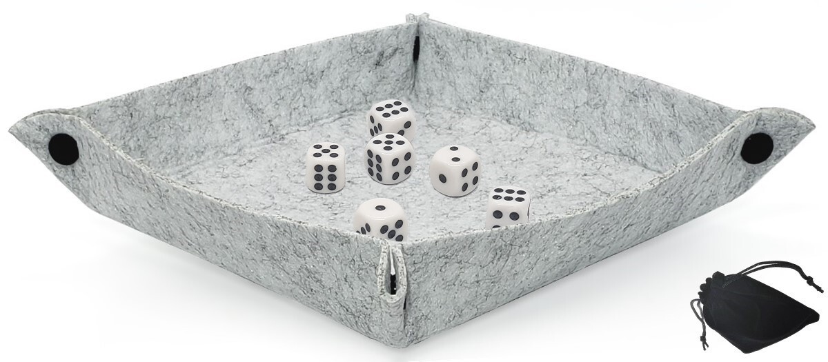 Dice Rolling Tray Folding Grey Felt Mat + (6) 16mm White Dice Rounded w/Pouch