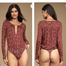 Free People Kaya Floral Print Long Sleeve Bodysuit in Chocolate Combo Medium