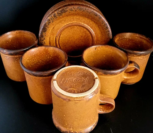 Vintage McCoy Pottery Brown Canyon Mesa Cup & Saucer Set Of 5 1412 USA Rustic