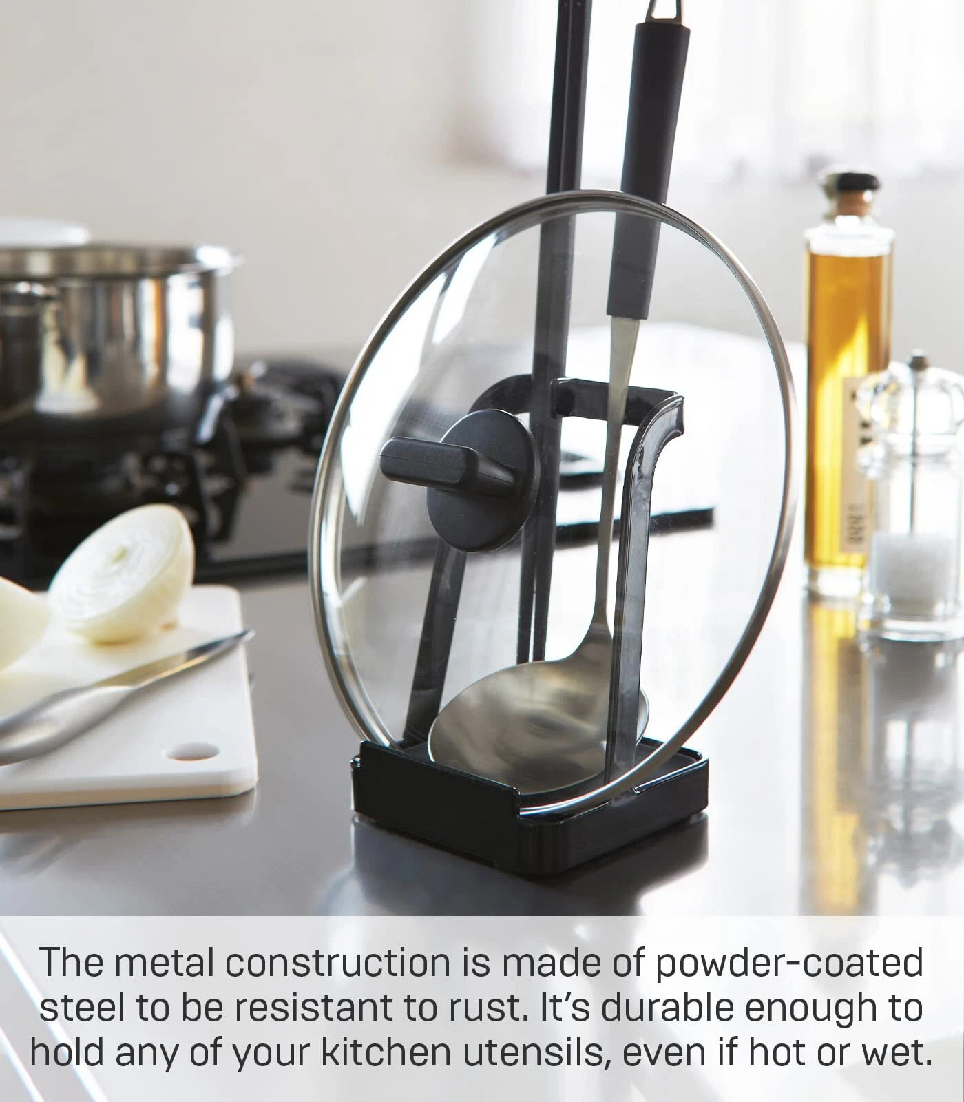 Yamazaki Home Tower Ladle Holder - Lid Stand For Utensils In Kitchen - Steel - Thumbnail 3