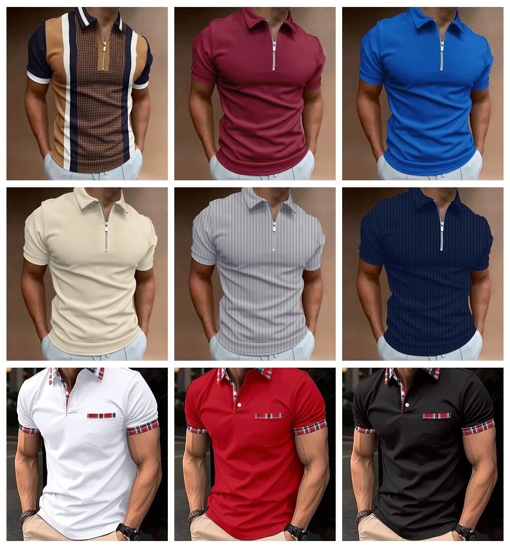 Polo T Shirt Zipper Button Zip Collar Short Sleeve Fitness Golf Sport Dress Mens