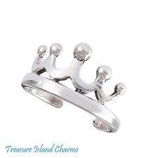 Bague orteil réglable en argent massif 925 poli diadème princesse couronne haute