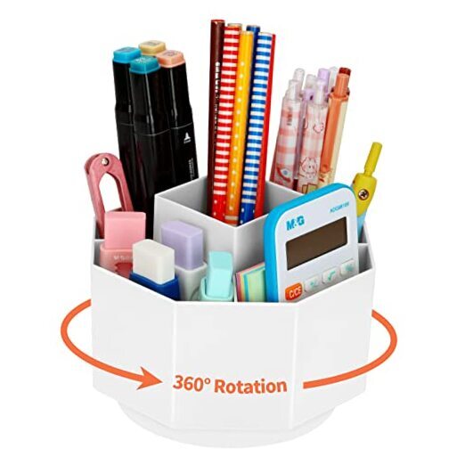  Desk Organizer, 360-Degree Rotating Pen Pencil Holder, 5 Compartments WHITE