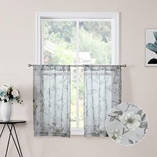 Short Sheer Tier Curtain Flower Leaf Printed Floral 30"W x 24"L Grey
