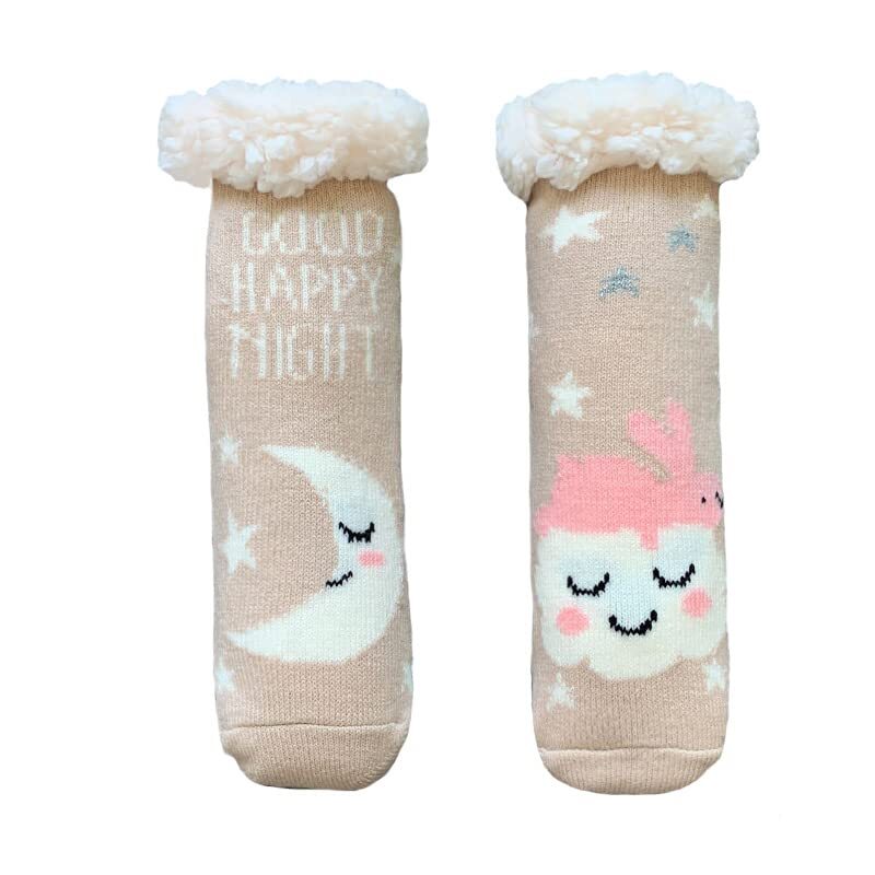 Fuzzy Slipper Socks for Kids Girls Women with Grippers Ab-cloud & Moon-beige
