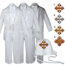 White Baby Toddler Boys Easter Christening Baptism Formal Tuxedo Suits Cross Hat