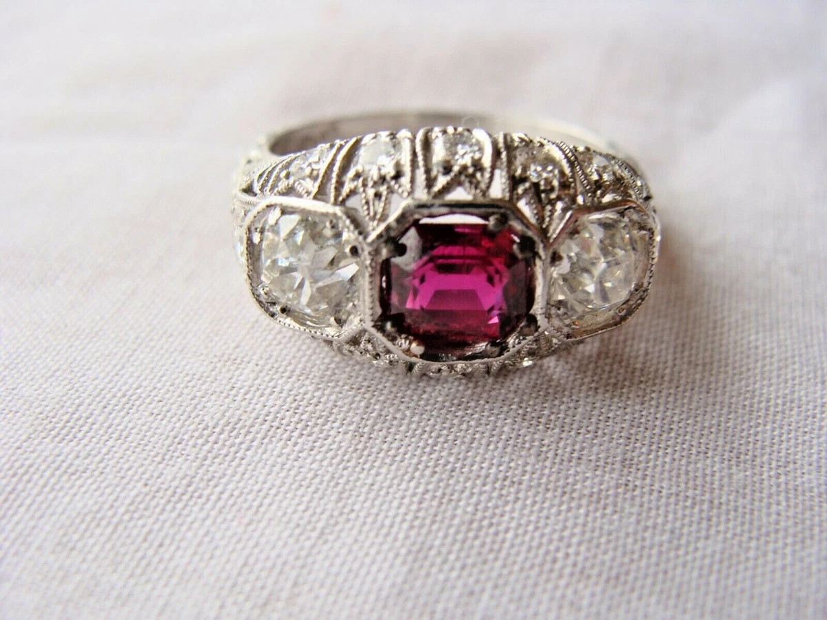FRENCH ART DECO PLATINUM RUBY DIAMOND RING SIZE 7.5