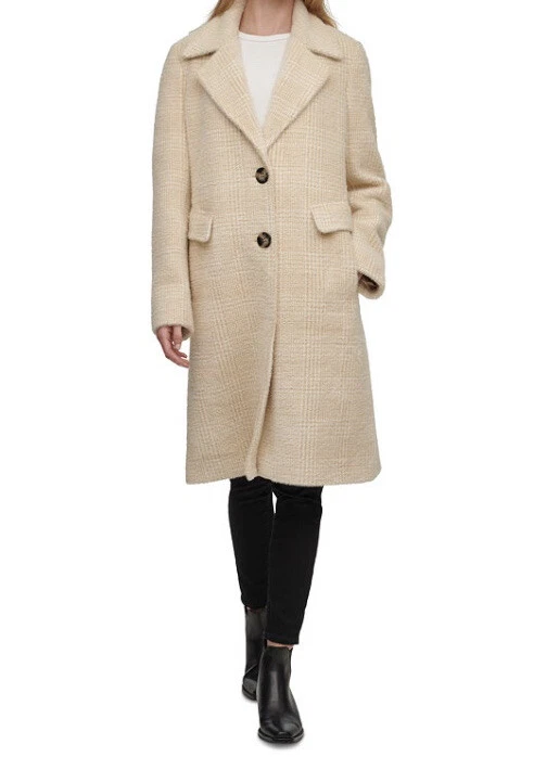 Calvin Klein Plaid single breast Walker Coat Beige white petite 2P 400