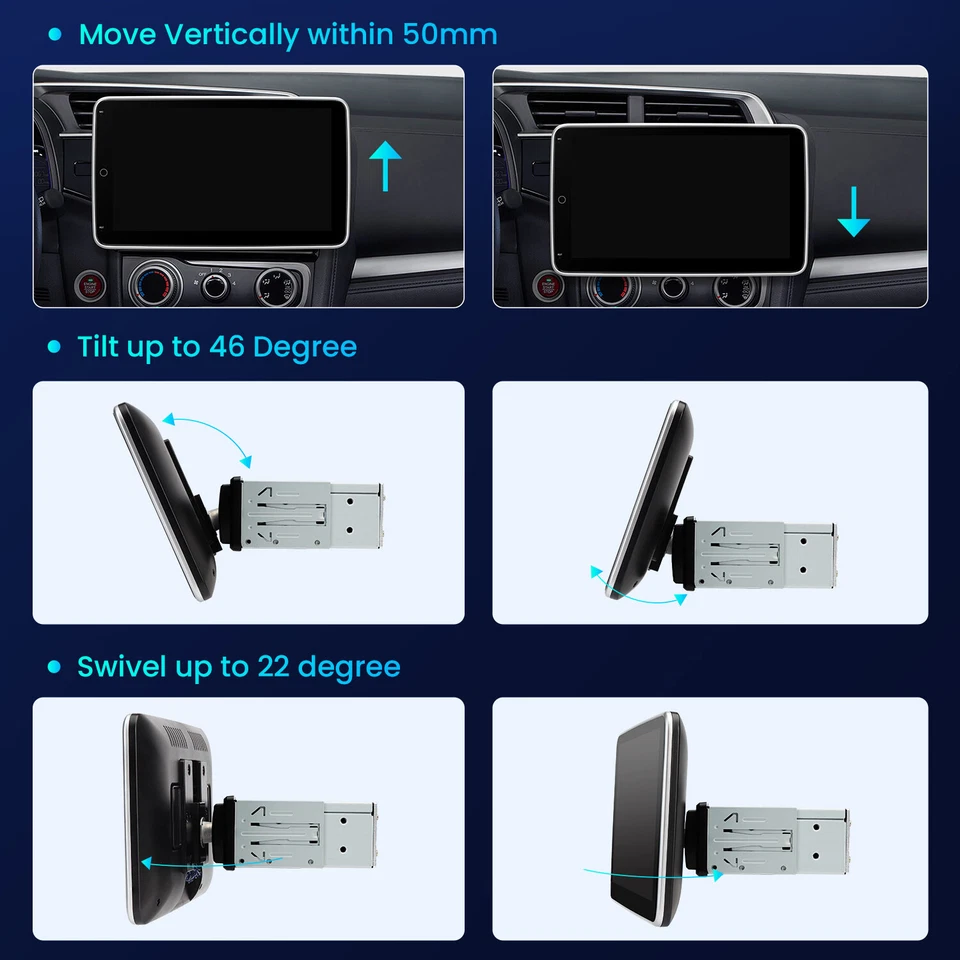 QLED 10.1" Adjustable Screen 1-DIN Android 14 8-Core 4+64GB Car Stereo GPS Radio - Image 2 of 4