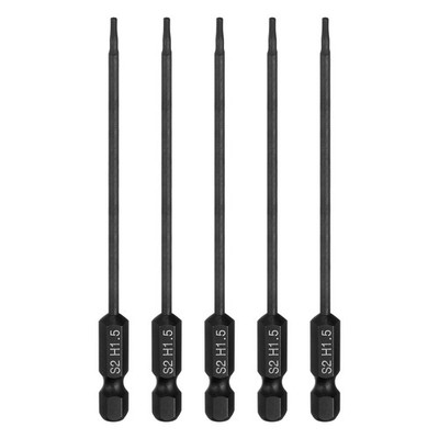 5pcs Flat Hex Screwdriver Bit H1.5 Magnetic Tip 1/4'' Shank 4'' Long Black