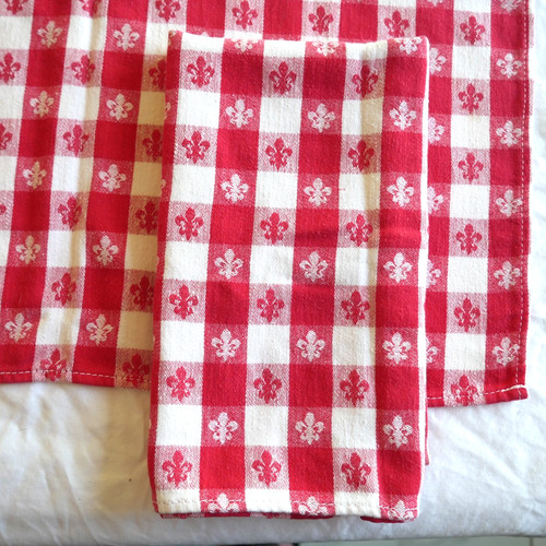 Red White Gingham Check Fleur De Lis Cotton Cloth Large Napkins Lot of 2 Picnic