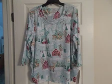 Alfred Dunner Top Size 2X  Scene Winter Theme Deer Village Ruched - NWT