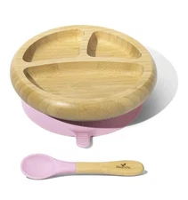 Avanchy Baby Plate Divided Bamboo Toddler Food with Pink Silicone Spoon BPA Free