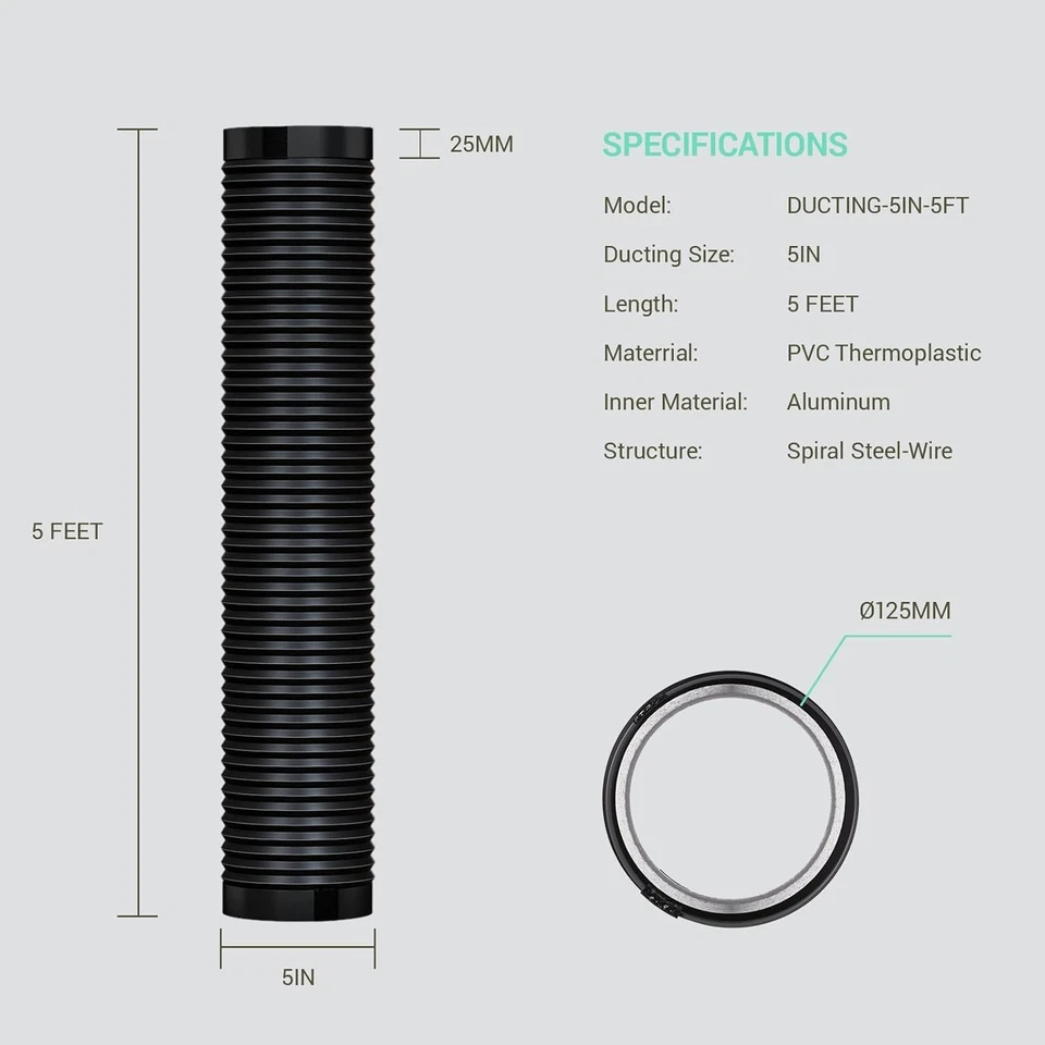 Manguera de conducto de aire de 5 pulgadas resistente a la temperatura - 5 pies ajustable para climatización y más Foto 4 de 4