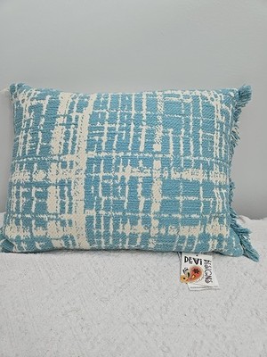 Devi Designs Teal/White Abstract Cotton Pillow Zipper Fringe Missing On One Side
