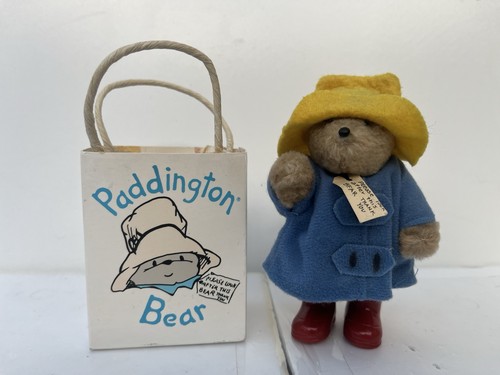 Vintage Miniatur 1986 Paddington Bär Tragetasche gelber Hut rot PVC Gummistiefel