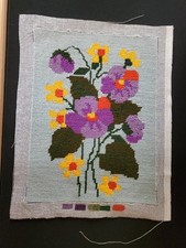Vintage Needlepoint - Flowers, medium blue background, 9x12 on 11x14 canvas