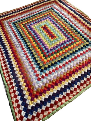 Vintage 1970s Handmade Patchwork Quilt Queen Full Trip Around World Poly Retro