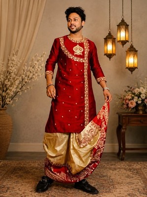 Red Silk Panjabi Designer Wedding Ethnic Wear Embroidered Men Kurta Kurti