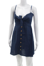 Faithfull The Brand Womens Spaghetti Strap Twist Linen Mini Dress Blue Size 6