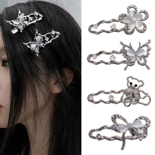 Opal Butterfly Flower Metal Hairpin Silver Bangs Side Clip Alloy Duckbill Clip