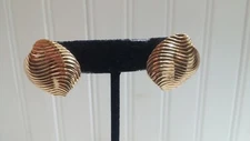 Vintage Ribbed Textured Goldtone Metal Crimped Rectangle Clip-On Earrings