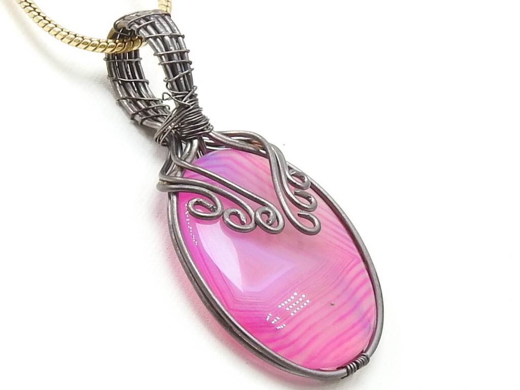 Pink Strip Agate Brass Pendant Silver Oxidised Polished Wire Wrapped Jewelry