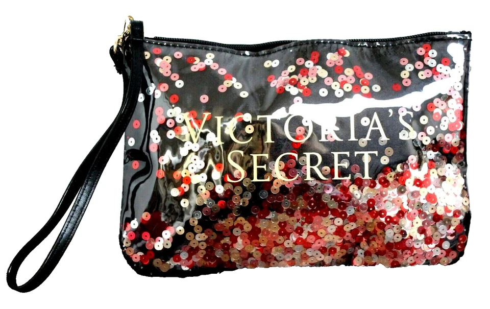 Victoria's Secret LANTEJOULAS PRETAS PV COURO MAQUIAGEM ZÍPER ESTOJO BOLSA COSMÉTICA PULSEIRA - Imagem 2 de 4