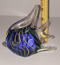 Murano Style Art Glass Angel Fish Cobalt Blue w/ Yellow 4" Paper Weight Figurine
