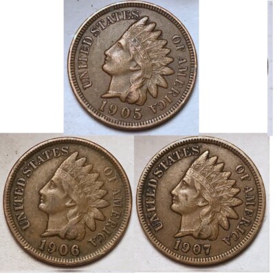 1905, 1906, 1907 Indian Head Cent Pennies FULL LIBERTY VF XF (3