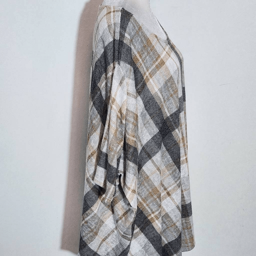 Jodifl Tan and Gray Oversized Poncho Shirt Size Large Plaid Oversized Top - 第 5/8 張圖片