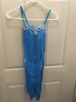 Latin Rhythm Salsa Competition Showcase Dress Stones Blue Fringe USA