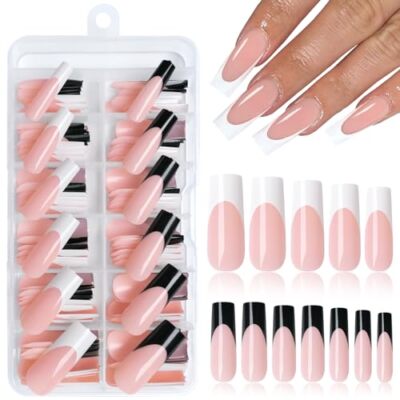  120pc French Tips Press on Nails Black White Tips Long Press on Long Square