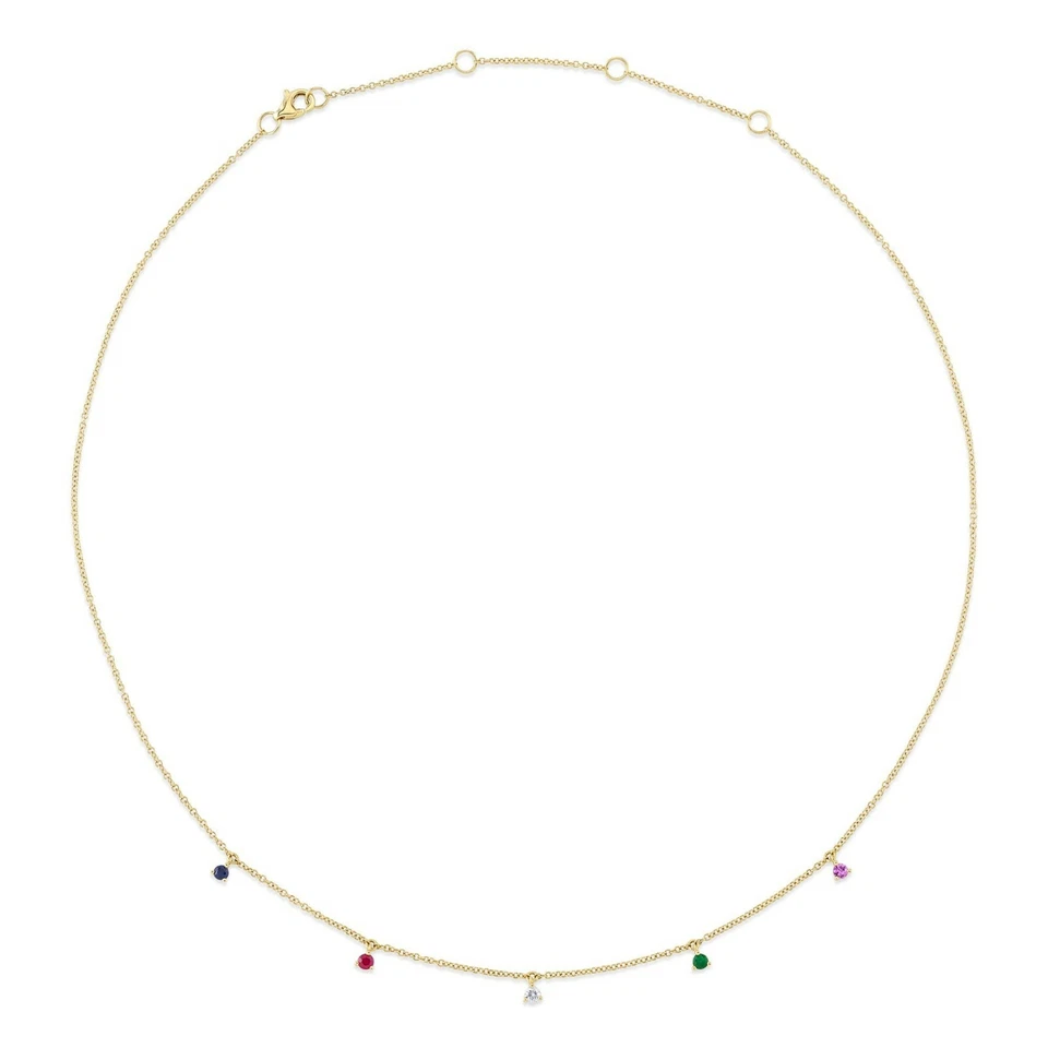 14K Gold Diamond Multi Color Gemstone Rainbow Necklace Natural 0.35TCW Round Cut - Image 3 of 3