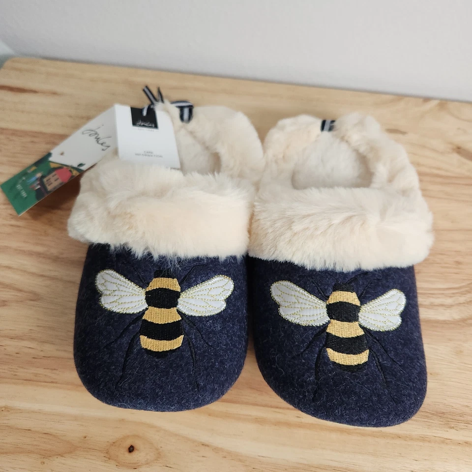 Joules Honey Bee Luxe Scuff Slip-On Slippers Blue Faux Fur Lining NWT - S 5/6 Foto 2 de 4