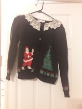 VTG 80s Santa Christmas Holiday Time Ugly Sweater Black Small Cardigan