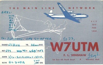 VINTAGE AMATEUR AMATEURFUNK QSL KARTE W7UTM 1953 BOUNTIFUL, UTAH - UNITED MAINLINER