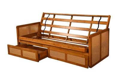 Westport Futon Frame with Drawers- Solid Hardwood - Honey Finish - Rattan Trim