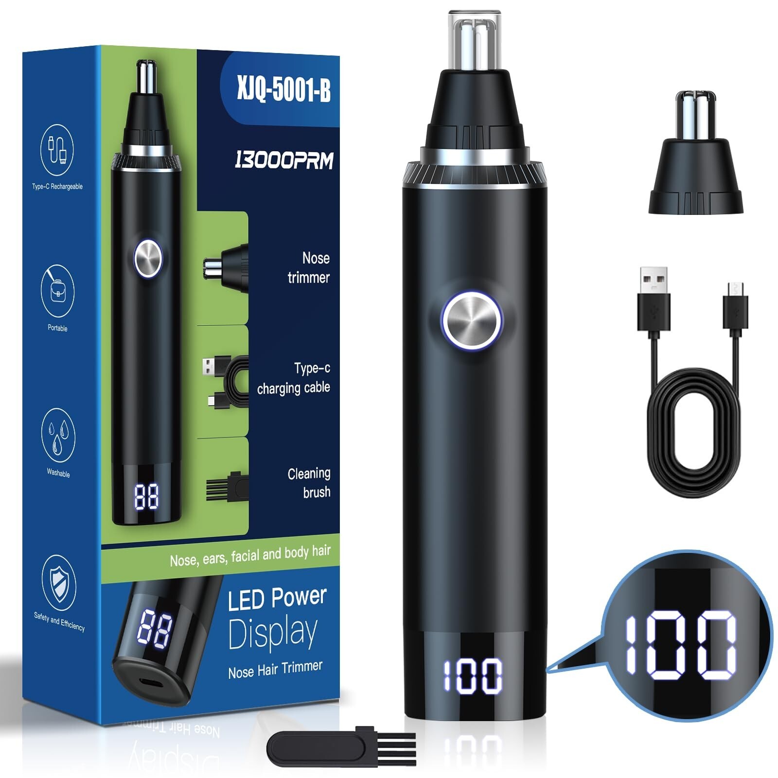 USB Rechargeable Ear Nose Hair Trimmer LED Display Waterproof Painless