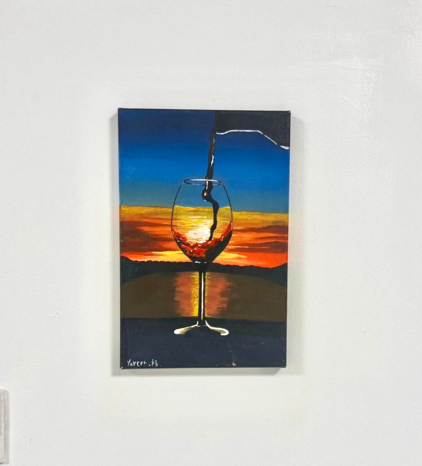 Acrylic Painting Of Wine Glass With Sunset Reflection Original Wall acrylic painting of wine glass with sunset reflection original wall